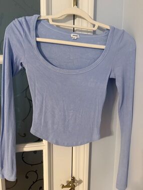 Garage Light Blue Ribbed Scoop Neck Long Sleeve Top